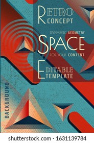Vintage geometric cover. Modern sci-fi motion concept with space for text. 3D Futuristic geometric shapes.