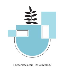 Vintage geometric element. Green halfcircle with silhouette of branch. Collage and composition. Abstract creativity and art. Linear vector illustration isolated on white background
