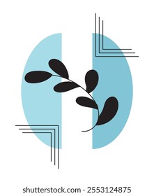 Vintage geometric element. Pattern from simple geometrical objects with branch silhouette. Collage and composition. Graphic element for website. Linear vector illustration isolated on white background