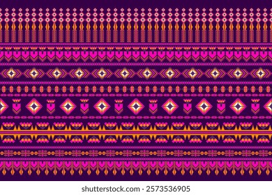 Vintage Geometric Ethnic Patterns Embroidery Cross Stitch. Fabric Tribal ornament pixel Horizontal Seamless. Design use for fabric, textile, interior decoration elements, upholstery, clothing