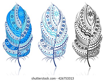 Vintage Geometric Feathers on white background. Set of isolated feathers. Boho style. Hand drawn vector illustration.