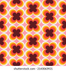 Vintage geometric floral seamless pattern. Retro 70s nostalgic simple shaped groovy flowers with circles colorful background.