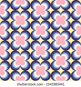 Vintage geometric floral seamless pattern. Retro 70s nostalgic simple shaped groovy flowers with circles colorful background.