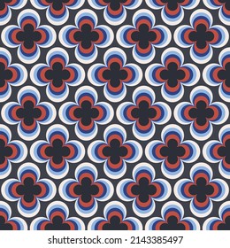 Vintage geometric floral seamless pattern. Retro 70s nostalgic simple shaped groovy flowers with circles colorful background.