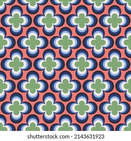 Vintage geometric floral seamless pattern. Retro 70s nostalgic simple shaped groovy flowers with circles colorful background.