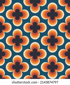 Vintage geometric floral seamless pattern. Retro 70s nostalgic simple shaped groovy flowers with circles colorful background.
