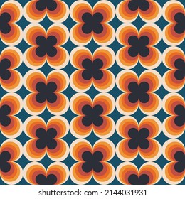 Patrón vintage geométrico floral sin costuras. Las nostálgicas flores de los años 70 retro, de forma simple y en forma de grueso, con círculos de fondo colorido.