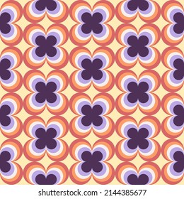 Vintage geometric floral seamless pattern. Retro 70s nostalgic simple shaped groovy flowers with circles colorful background.