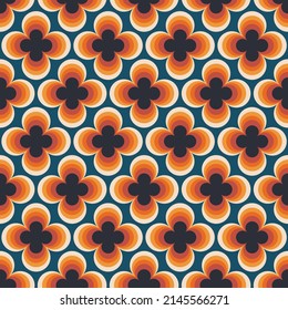 Vintage geometric floral seamless pattern. Retro 70s nostalgic simple shaped groovy flowers with circles colorful background.