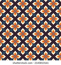 Vintage geometric floral seamless pattern. Retro 70s nostalgic simple shaped groovy flowers with circles colorful background. Modern fashion vector print for fabric, wallpaper