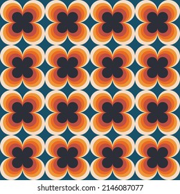 Vintage Geometric Floral Seamless Pattern. Retro 70s Nostalgic Simple Shaped Groovy Flowers With Circles Colorful Background.