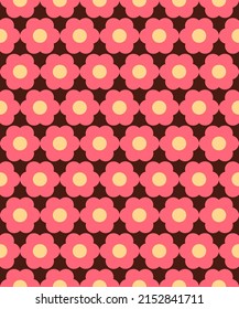Vintage geometric floral seamless pattern. Retro 70s nostalgic simple shaped groovy flowers with circles colorful background. Modern fashion vector print for fabric, wallpaper