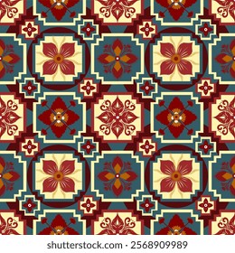 Vintage Geometric Floral Tile Pattern with Red and Blue Accents – Intricate Retro-Inspired Design for Home Decor, Wallpaper, Flooring, and Textile Applications