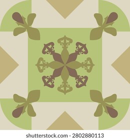 Vintage geometric florals pattern with symmetrical hand drawn ornament botanical motifs in soft olive and beige tone. Ideal for wallpaper tiles ceramics mosaic fabric prints home decor elegant surface
