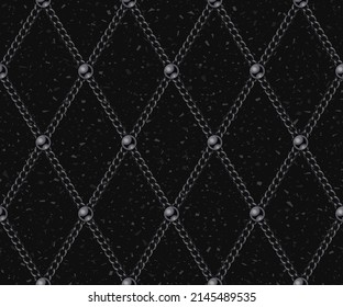 Vintage geometric pattern with black steel chains and beads. Rhombus grid on a black textured background with small particle like dust, motes. Low contrast illustration