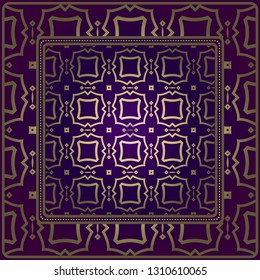 Vintage Geometric Pattern. Design For Bandana Shawl, Tablecloth Fabric Print. Vector Illustration. Luxury purple gold color.