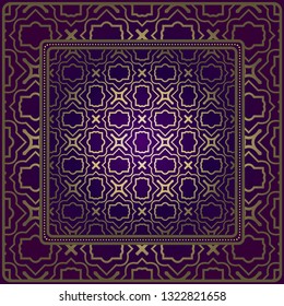 Vintage Geometric Pattern. Design For Bandana Shawl, Tablecloth Fabric Print. Vector Illustration. Luxury purple gold color.
