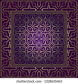 Vintage Geometric Pattern. Design For Bandana Shawl, Tablecloth Fabric Print. Vector Illustration. Luxury purple gold color.