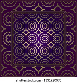 Vintage Geometric Pattern. Design For Bandana Shawl, Tablecloth Fabric Print. Vector Illustration. Luxury purple gold color.