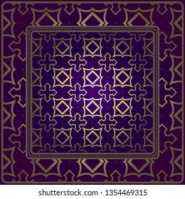 Vintage Geometric Pattern. Design For Bandana Shawl, Tablecloth Fabric Print. Vector Illustration. Luxury purple gold color.