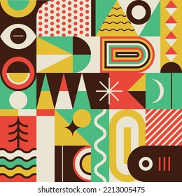 Vintage and geometric pattern or set, with fun, graphic, abstract and colorful shapes.