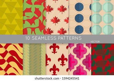 Vintage geometric pattern set with recycled paper fold and shadow. Seamless vector backgrounds. Abstract wallpaper in retro colors. Wrapping paper design. Art Deco style sepia toned.