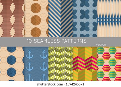 Vintage geometric pattern set with recycled paper fold and shadow. Seamless vector backgrounds. Abstract wallpaper in retro colors. Wrapping paper design. Art Deco style sepia toned.