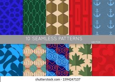 Vintage geometric pattern set with recycled paper fold and shadow. Seamless vector backgrounds. Abstract wallpaper in retro colors. Wrapping paper design. Art Deco style sepia toned.