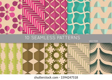 Vintage geometric pattern set with recycled paper fold and shadow. Seamless vector backgrounds. Abstract wallpaper in retro colors. Wrapping paper design. Art Deco style sepia toned.