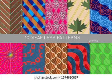 Vintage geometric pattern set with recycled paper fold and shadow. Seamless vector backgrounds. Abstract wallpaper in retro colors. Wrapping paper design. Art Deco style sepia toned.