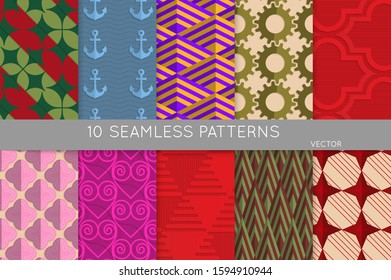 Vintage geometric pattern set with recycled paper fold and shadow. Seamless vector backgrounds. Abstract wallpaper in retro colors. Wrapping paper design. Art Deco style sepia toned.