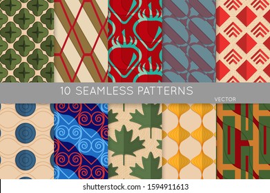 Vintage geometric pattern set with recycled paper fold and shadow. Seamless vector backgrounds. Abstract wallpaper in retro colors. Wrapping paper design. Art Deco style sepia toned.