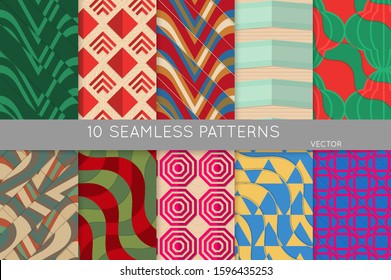 Vintage geometric pattern set with recycled paper fold and shadow. Seamless vector backgrounds. Abstract wallpaper in retro colors. Wrapping paper design. Art Deco style sepia toned.