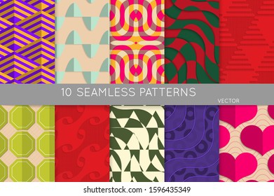Vintage geometric pattern set with recycled paper fold and shadow. Seamless vector backgrounds. Abstract wallpaper in retro colors. Wrapping paper design. Art Deco style sepia toned.