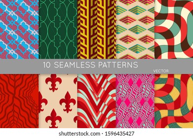 Vintage geometric pattern set with recycled paper fold and shadow. Seamless vector backgrounds. Abstract wallpaper in retro colors. Wrapping paper design. Art Deco style sepia toned.