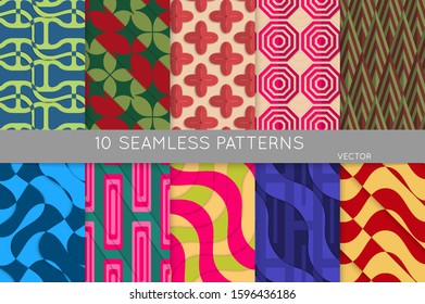Vintage geometric pattern set with recycled paper fold and shadow. Seamless vector backgrounds. Abstract wallpaper in retro colors. Wrapping paper design. Art Deco style sepia toned.