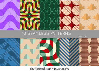 Vintage geometric pattern set with recycled paper fold and shadow. Seamless vector backgrounds. Abstract wallpaper in retro colors. Wrapping paper design. Art Deco style sepia toned.