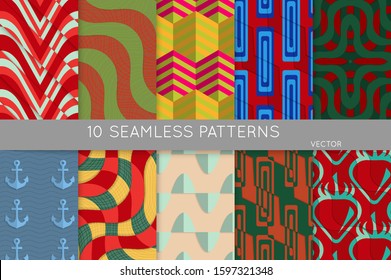 Vintage geometric pattern set with recycled paper fold and shadow. Seamless vector backgrounds. Abstract wallpaper in retro colors. Wrapping paper design. Art Deco style sepia toned.