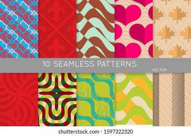 Vintage geometric pattern set with recycled paper fold and shadow. Seamless vector backgrounds. Abstract wallpaper in retro colors. Wrapping paper design. Art Deco style sepia toned.