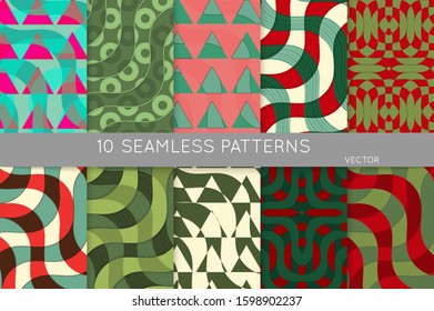 Vintage geometric pattern set with recycled paper fold and shadow. Seamless vector backgrounds. Abstract wallpaper in retro colors. Wrapping paper design. Art Deco style sepia toned.