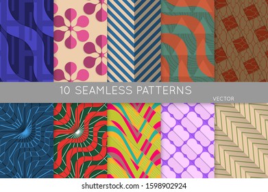 Vintage geometric pattern set with recycled paper fold and shadow. Seamless vector backgrounds. Abstract wallpaper in retro colors. Wrapping paper design. Art Deco style sepia toned.