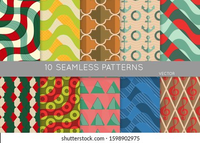 Vintage geometric pattern set with recycled paper fold and shadow. Seamless vector backgrounds. Abstract wallpaper in retro colors. Wrapping paper design. Art Deco style sepia toned.