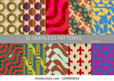 Vintage geometric pattern set with recycled paper fold and shadow. Seamless vector backgrounds. Abstract wallpaper in retro colors. Wrapping paper design. Art Deco style sepia toned.