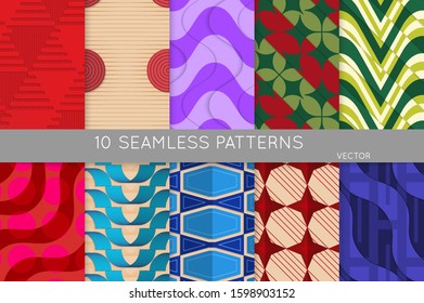 Vintage geometric pattern set with recycled paper fold and shadow. Seamless vector backgrounds. Abstract wallpaper in retro colors. Wrapping paper design. Art Deco style sepia toned.