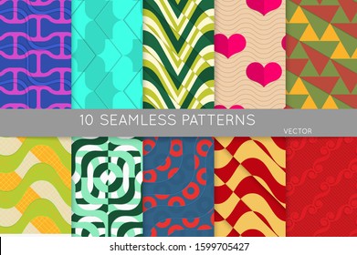 Vintage geometric pattern set with recycled paper fold and shadow. Seamless vector backgrounds. Abstract wallpaper in retro colors. Wrapping paper design. Art Deco style sepia toned.