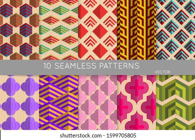 Vintage geometric pattern set with recycled paper fold and shadow. Seamless vector backgrounds. Abstract wallpaper in retro colors. Wrapping paper design. Art Deco style sepia toned.