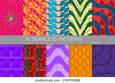 Vintage geometric pattern set with recycled paper fold and shadow. Seamless vector backgrounds. Abstract wallpaper in retro colors. Wrapping paper design. Art Deco style sepia toned.