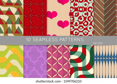 Vintage geometric pattern set with recycled paper fold and shadow. Seamless vector backgrounds. Abstract wallpaper in retro colors. Wrapping paper design. Art Deco style sepia toned.