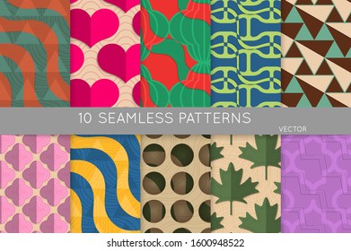 Vintage geometric pattern set with recycled paper fold and shadow. Seamless vector backgrounds. Abstract wallpaper in retro colors. Wrapping paper design. Art Deco style sepia toned.