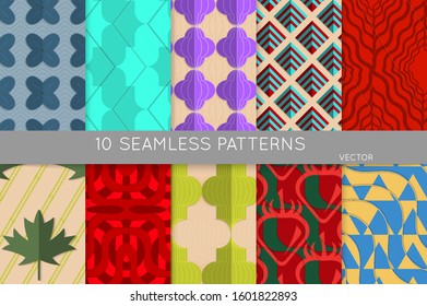 Vintage geometric pattern set with recycled paper fold and shadow. Seamless vector backgrounds. Abstract wallpaper in retro colors. Wrapping paper design. Art Deco style sepia toned.